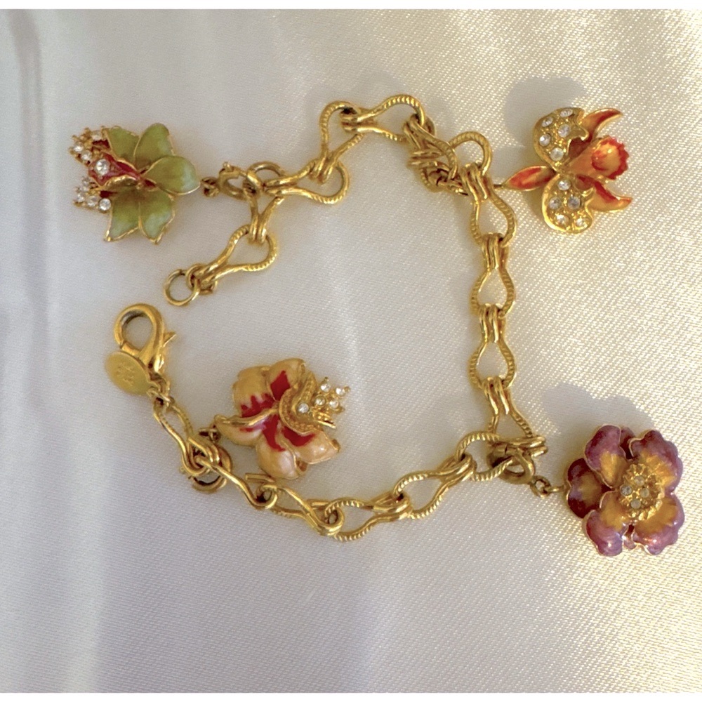 Nolan Miller Gold Floral Charm Bracelet with Pink, Green and Red Enamel Accents